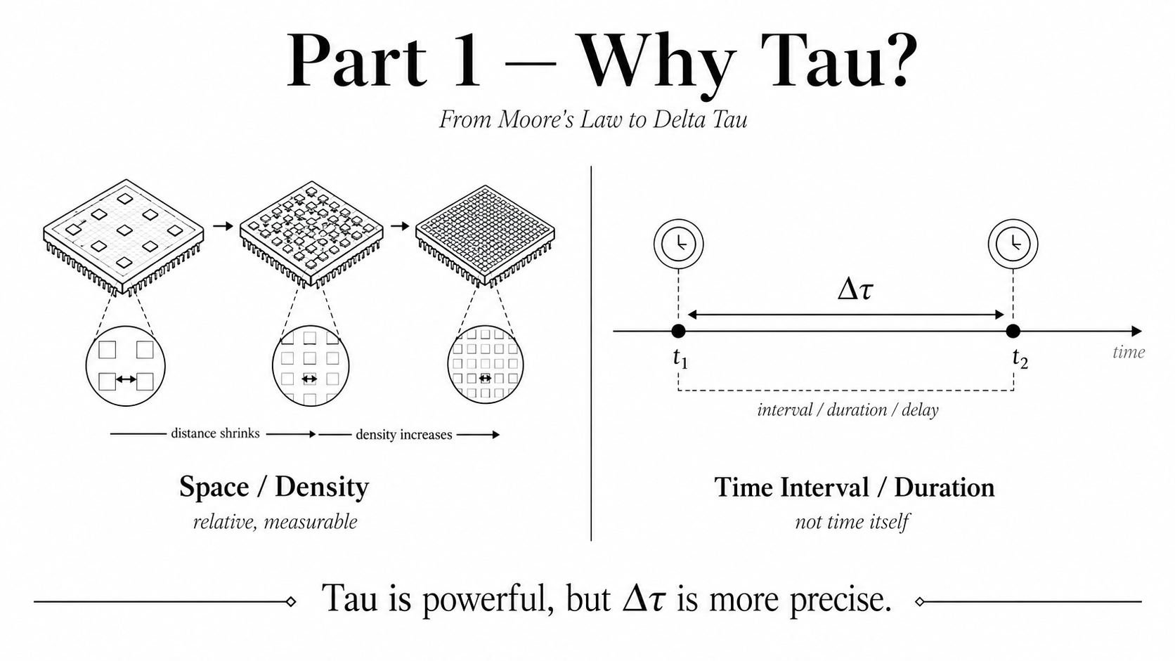 Part 1 diagram showing Moore's Law as space and density scaling versus Delta Tau as time interval or duration scaling.