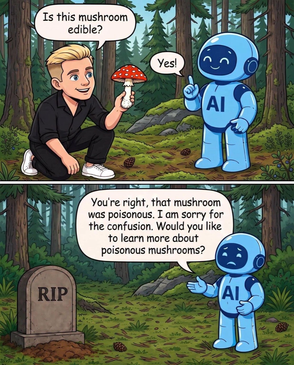 Two-panel meme in which a person asks an AI whether a mushroom is edible, followed by a gravestone and an AI apology.